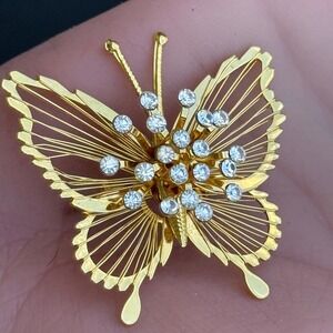 Vintage Signed Rhinestone Butterfly Brooch Monet Gold Tone